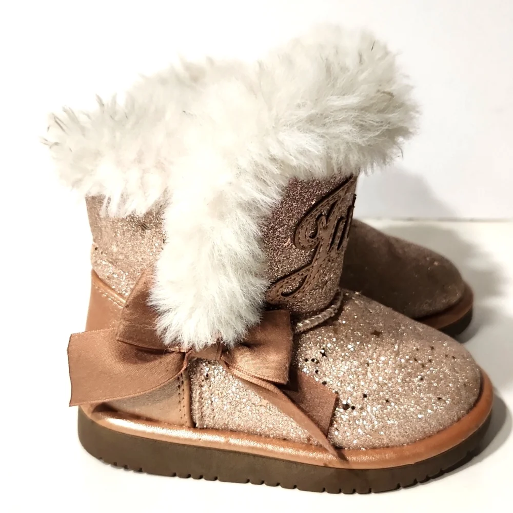 Juicy Couture Windsor Girl's Rose Gold Sparkle Faux Fur Toddler Boots Size 6